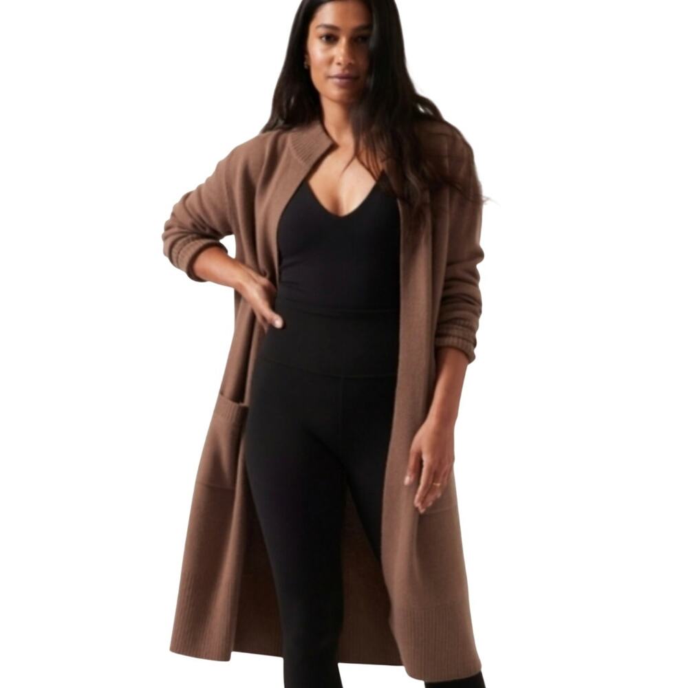 Athleta Women's Alpine Spirit Wool Cashmere Open Long Cardigan S Brown Sweater